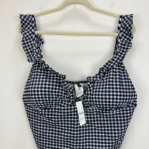 J.Crew Ruffle V Neck One Piece Gingham Swimsuit Padded Navy Retro US 24 NWT - Picture 12 of 13